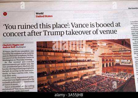 "You Ruined This Place" Vance è fischiato al concerto dopo l'acquisizione da parte di Trump della sede" testata del quotidiano The Guardian Kennedy Center articolo 15 marzo 2025 Regno Unito Foto Stock