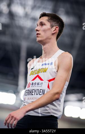 Nanchino, Cina. 21 marzo 2025. Il belga Ruben Verheyden nella foto dopo la gara dei 1500 m, ai Campionati del mondo di atletica leggera indoor, a Nanchino, Cina, venerdì 21 marzo 2025. I campionati si svolgono dal 21 al 23 marzo. BELGA PHOTO JASPER JACOBS credito: Belga News Agency/Alamy Live News Foto Stock