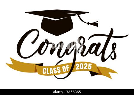 Congratulazioni per la tipografia del grado 2025, banner, poster, stampa. Illustrazione vettoriale disegnata a mano. Modello di design per biglietti di auguri di laurea con lettere calligrafiche Illustrazione Vettoriale