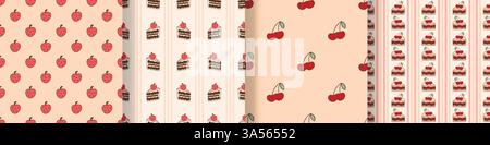Set di stampe graziose con torte e bacche di fragole e ciliegie. Deliziosi pasticcini per le feste senza cuciture. Sfondi con pezzi Illustrazione Vettoriale