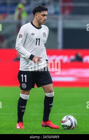 La Germania Nadiem Amiri è stata vista in azione durante la partita di calcio tra Italia e Germania della UEFA Nations League 2024/25 allo stadio San Siro. Punteggi finali; Italia 1 : 2 Germania. Foto Stock