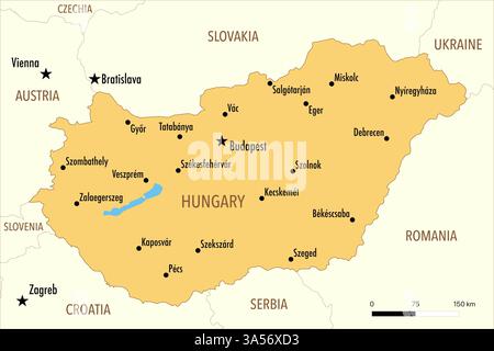 Mappa dell'Ungheria con le principali città Foto Stock