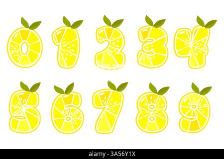 Numeri di frutta al limone. Numeri di agrumi. Numeri, cifre 0-9. Numeri di torta, biglietti didattici, adesivi, stampe tipografiche per il tuo progetto Illustrazione Vettoriale