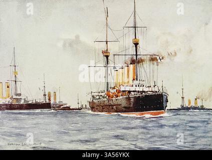 Cruisers manoeuvring from the Royal Navy pubblicato nel 1907 Painted by Norman L. Wilkinson Norman Wilkinson CBE RI era un artista britannico che di solito lavorava in oli, acquerelli e punto di arido. Era principalmente un pittore marino, ma anche un illustratore, artista di poster e camoufleur in tempo di guerra. Wilkinson inventò la pittura abbagliante per proteggere le navi mercantili durante la prima guerra mondiale. Foto Stock