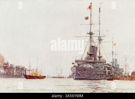 H.M.S. Albemarle accanto al Railway Jetty, Portsmouth HMS Albemarle era una corazzata pre-dreadnought classe Duncan della Royal Navy, intitolata a George Monck, i duca di Albemarle. Costruita per contrastare un gruppo di veloci navi da battaglia russe, la Albemarle e le sue navi gemelle erano in grado di volare a 19 nodi (35 km/h), rendendole le le navi da battaglia più veloci del mondo. Dalla Royal Navy pubblicato nel 1907 dipinto da Norman L. Wilkinson Norman Wilkinson CBE RI era un artista britannico che di solito lavorava in oli, acquerelli e punto di arido. Era principalmente un pittore marino, ma anche un illustratore Foto Stock