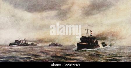 Destroyer manoeuvring from the Royal Navy pubblicato nel 1907 dipinto da Norman L. Wilkinson Norman Wilkinson CBE RI era un artista britannico che di solito lavorava in oli, acquerelli e punto di arido. Era principalmente un pittore marino, ma anche un illustratore, artista di poster e camoufleur in tempo di guerra. Wilkinson inventò la pittura abbagliante per proteggere le navi mercantili durante la prima guerra mondiale. Foto Stock