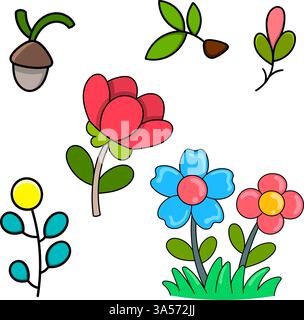 Una collezione di adorabili fiori, foglie e ghiande in stile cartoni animati dai colori vivaci con una finitura lucida. Illustrazione Vettoriale