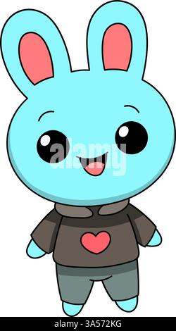 Un affascinante cartone animato che raffigura un coniglietto blu con grandi occhi e indossa una felpa con cappuccio scura con il simbolo del cuore rosso Illustrazione Vettoriale