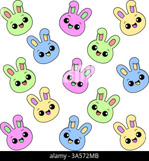 Un motivo senza cuciture di adorabili volti coniglietti in colori pastello, caratterizzato da espressioni gioiose e una disposizione giocosa. Illustrazione Vettoriale