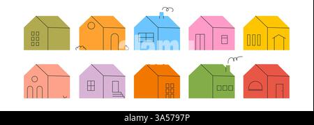 Set di semplici icone della casa dai colori vivaci con semplici linee nere a scarabocchio. Illustrazione contemporanea alla moda. Kit vettoriale di immagini per bambini Illustrazione Vettoriale