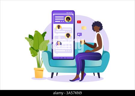 Persone che chiacchierano sullo schermo dello smartphone, concetto di illustrazione virtuale del vettore delle relazioni. Datazione app o concetto di chat. Illustrazione vettoriale per online Illustrazione Vettoriale
