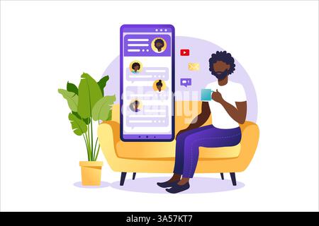 Persone che chiacchierano sullo schermo dello smartphone, concetto di illustrazione virtuale del vettore delle relazioni. Datazione app o concetto di chat. Illustrazione vettoriale per online Illustrazione Vettoriale