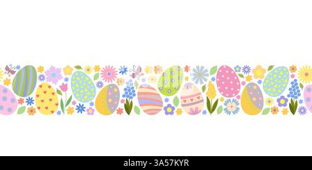 Striscione floreale pasquale con uova, fiori carini, farfalle, foglie, ornamento primaverile del prato bordo orizzontale senza cuciture, illustrazione vettoriale disegnata a mano Illustrazione Vettoriale