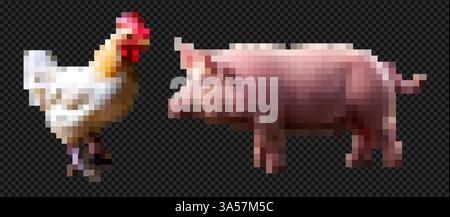 Pixel art di un maiale e un pollo. Creature domestiche simpatiche e divertenti in stile retrò con dettagli cartoonesi e temi agricoli per poster e. Illustrazione Vettoriale