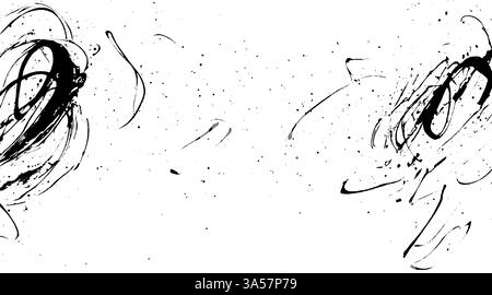L'inchiostro nero astratto spruzza e ruota su uno sfondo bianco, creando una composizione dinamica e artistica. Illustrazione Vettoriale