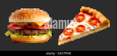 set artistico a 8 bit con pizza a fette e hamburger. Icone vettoriali retrò di cheeseburger, panini e fast food. Illustrazione Vettoriale