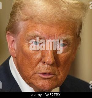 Il presidente eletto Donald Trump parla alla stampa dopo un incontro con i repubblicani del senato al Campidoglio degli Stati Uniti l'8 gennaio 2025. Foto Stock