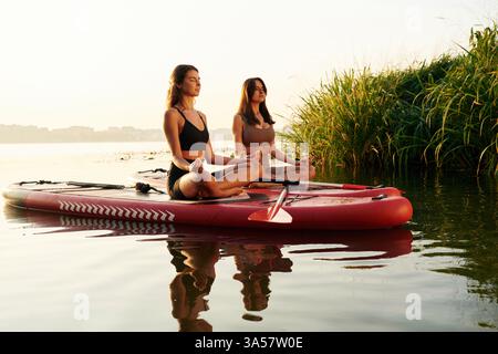 In posa di loto. Le amiche donne sono a bordo di sup sul lago insieme. Foto Stock