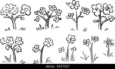 Una collezione di illustrazioni di fiori e alberi disegnati a mano, con vari stili di fiori e fogliame. I disegni sono semplici e stravaganti Illustrazione Vettoriale