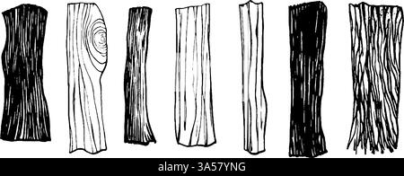 Una collezione di otto tronchi di legno illustrati in vari stili, che mostrano diverse texture e motivi di venatura del legno. I log variano in forma e. Illustrazione Vettoriale