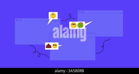 Progettazione collage di riunioni online con volantini Web ed elementi per vetrine. Stile adesivo retrò per conferenze aziendali con feedback dei clienti e lavoro in remoto Illustrazione Vettoriale