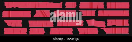 Un set di pezzi di plastica rossi di nastro adesivo strappato. Elementi di tendenza per design con texture realistiche. Patch vettoriali su sfondo trasparente Illustrazione Vettoriale