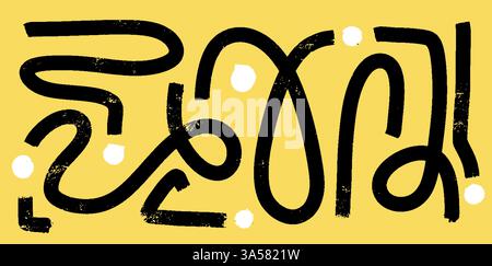 Set di linee Playful Grunge Ink. Sfondo giallo con punti, tratti di pennello astratto ed elementi disegnati a mano irregolari. Illustrazione Vettoriale