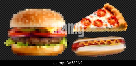 Pixel art di pizza a fette, hamburger e set di hot dog. Illustrazioni vettoriali alla moda degli anni '90 di fast food, piatti spazzatura e classici americani. Illustrazione Vettoriale