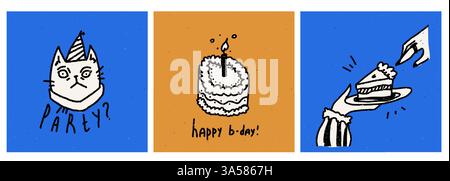 Buon compleanno. Divertenti illustrazioni con gatto eccentrico in cappello e mani con piatto e torta con candela. Illustrazione con trama vettoriale. Carta Illustrazione Vettoriale