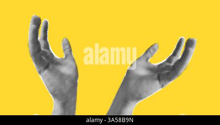 Mani in mezzitoni trattamento per collage su sfondo giallo. Vista laterale come se avesse qualcosa in mano, mano in aria cattura qualcosa, vettoriale alla moda Illustrazione Vettoriale