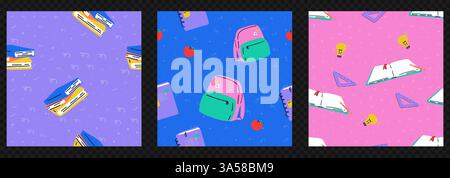 Una confezione di motivi contemporanei senza cuciture con un tema Back to School. Sfondi luminosi con scarabocchi, libri e uno zaino. Vettore di tendenza Illustrazione Vettoriale