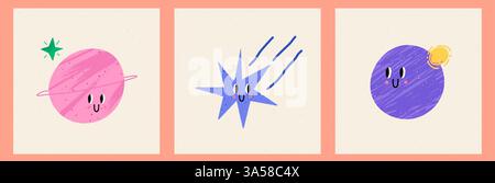 Inviti fantasia con coloratissimi elementi spaziali. Set di carte regalo o posta IG. Modello grafico di tendenza. Illustrazioni del contorni vettoriali con Illustrazione Vettoriale