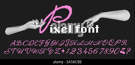 Font pixel rosa impostato in stile retrò a 8 bit con alfabeto e numeri sullo sfondo trasparente. Tipografia vettoriale per i giochi arcade degli anni '80 e '90 Illustrazione Vettoriale