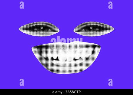 stravagante ritratto in stile rivista. Occhi e bocca tagliati fuori per il collage. Composizione punk su sfondo viola brillante. Illustrazione alla moda Illustrazione Vettoriale