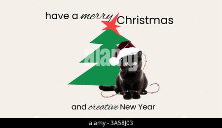 Cartolina con un gatto che si è aggrovigliato a garland e un albero di Natale. Divertente collage vettoriale. Buon Natale e felice anno nuovo. Ritagliare gli elementi Illustrazione Vettoriale
