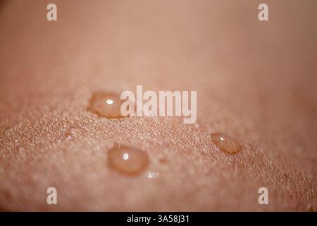 Una foto macro estremamente dettagliata che cattura gocce d'acqua scintillanti sulla pelle liscia, evidenziando texture, freschezza e bellezza naturale. Foto Stock
