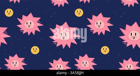 Texture cartoon senza cuciture. Sfondo blu scuro. Spazio con stelle. Doodle con facce divertenti. Schema bambini. Illustrazione Vettoriale
