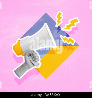 Fulmini che volano fuori dal megafono nella mano della donna su sfondo colorato, collage artistico creativo. Occasioni speciali, annunci, saldi o voci Foto Stock