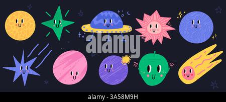 Set a tema spaziale. Icone di tendenza con texture. Illustrazione contemporanea vettoriale con elementi per il design. Colori vivaci. Illustrazione Vettoriale