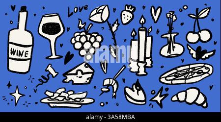 Set di elementi per la cena. Doodle illustrazioni vettoriali di cibo e vino. Texture punk alla moda. Icone del pranzo italiano. Festa o giorno romantico Illustrazione Vettoriale