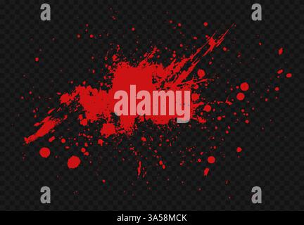 La consistenza degli spruzzi di sangue vettoriale è caratterizzata da gocce di inchiostro rosso e schizzi su sfondo trasparente. Motivo grunge con gocce, macchie e Illustrazione Vettoriale