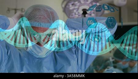 Chirurgo in sala operatoria che regola la maschera con sovrapposizione del filamento di DNA, focalizzato sull'attività Foto Stock