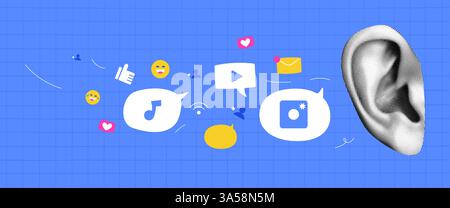Un concetto sul tema SEO. Un orecchio in stile collage a mezzitoni in cui volano le icone dei social media, i mi piace, le emoji e i messaggi. Vettore di tendenza Illustrazione Vettoriale