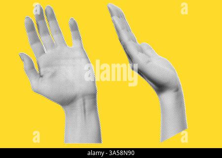 Applicare il trattamento dei mezzitoni per il collage su sfondo giallo. Mano, vista laterale come se avesse qualcosa in mano, gesto di benvenuto, illustrazione vettoriale alla moda in Illustrazione Vettoriale