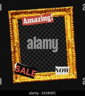 Banner promozionale Black Friday con un collage creativo di oro glitter. Modello per poster pop vintage. Illustrazione Vettoriale