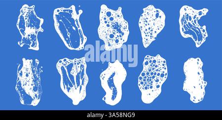 Schiuma a trama saponosa con macchie grunge su sfondo blu. Lavare la spugna e la copertura d'acqua con la bolla di shampoo. Illustrazione Vettoriale