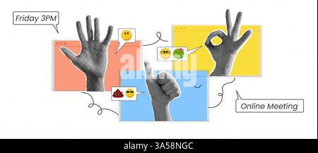 Collage di mezzitoni con mano e pollice in alto. Design adesivo colorato per il feedback delle riunioni online. Firma aziendale rétro per lavoro remoto e client Illustrazione Vettoriale