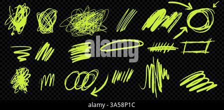 Set di linee di tracciatura verde acido e corse. Include frecce, vortici e forme a mosca disegnate con penna, matita e pennarello. Illustrazione Vettoriale