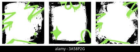 Spruzzare vernice ruvida con elemento verde graffiti. Set di cornici astratte vettoriali con grafica nera su sfondo di carta grintosa. Illustrazione Vettoriale