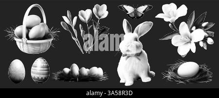 Affascinante collezione primaverile con uova di Pasqua, fiori e un coniglio giocoso con illustrazioni in bianco e nero Illustrazione Vettoriale